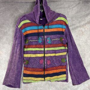 90s Boho Fairy Grunge Striped Patchwork Hippie Hoodie Jacket Shirt Med VTG